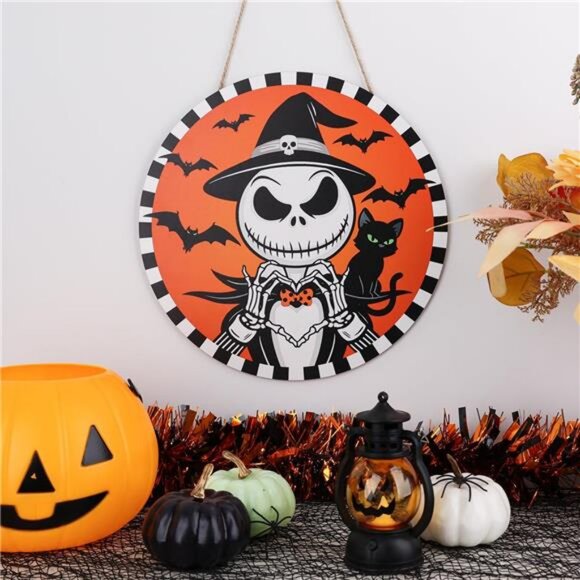 Halloween Decorations Jack Wreath Sign for Front Door Decor Spooky Bat Wood - Picture 7 of 8